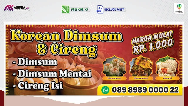 Desain banner dimsum Korea dan cireng isi warna merah menyala. File CorelDRAW X7 editable, cocok untuk spanduk jualan kaki lima dan UMKM./Asifba Art