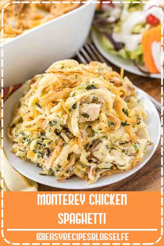 Monterey Chicken Spaghetti Casserole - my whole family went crazy over this easy chicken casserole!! Even our super picky eaters! Chicken, spaghetti, sour cream, cream of chicken, spinach, Monterey Jack Cheese, and french fried onions. Makes a great freezer meal! This is the most requested dinner in our house. #EasyRecipesBlogSelfe #casserole #chickendinner #chickencasserole #freezermeals #EasyRecipesDinner #for #pickyeaters #Spaghetti 