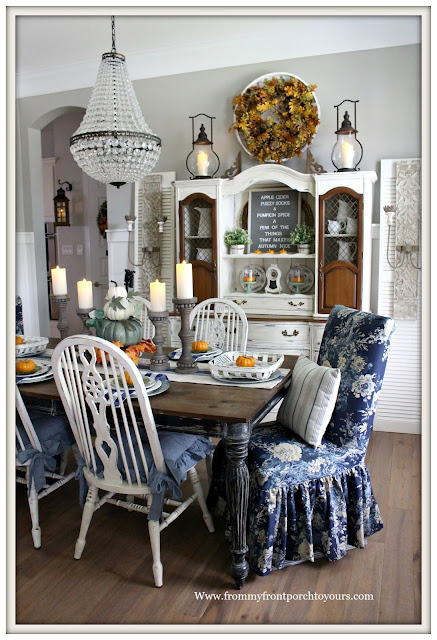 Fall Dining Room-French Country-French Farmhouse-Farmhouse Style-Cottage Style-Mia Chandelier-Pottery Barn-Waverley Ballad Bouquet-From My Front Porch To Yours
