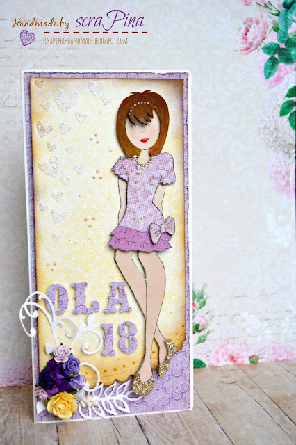 Rozkładana dziewczęca kartka na 18 urodziny 18stkę osiemnastkę dla dziewczyny z lalką stempel julie nutting ręcznie robiona scrapina handmade scrapbooking fioletowa żółta kwiaty papiery rapakivi galeria papieru