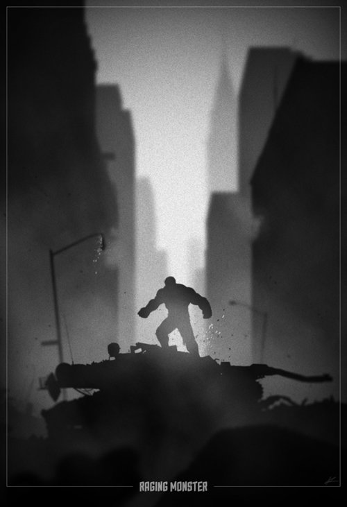 marko manev ilustração poster super heróis noir minimalista preto e branco hulk monstro furioso