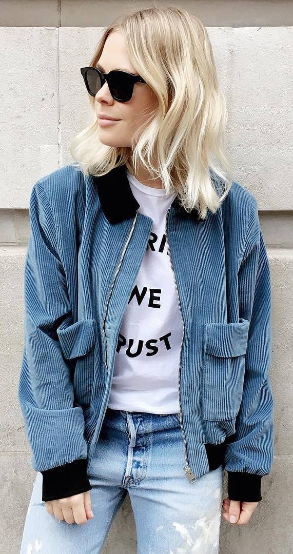 velvet bomber + top + jeans