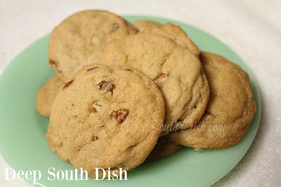 A crisp cookie, made with butter and shortening, brown sugar and pecans.