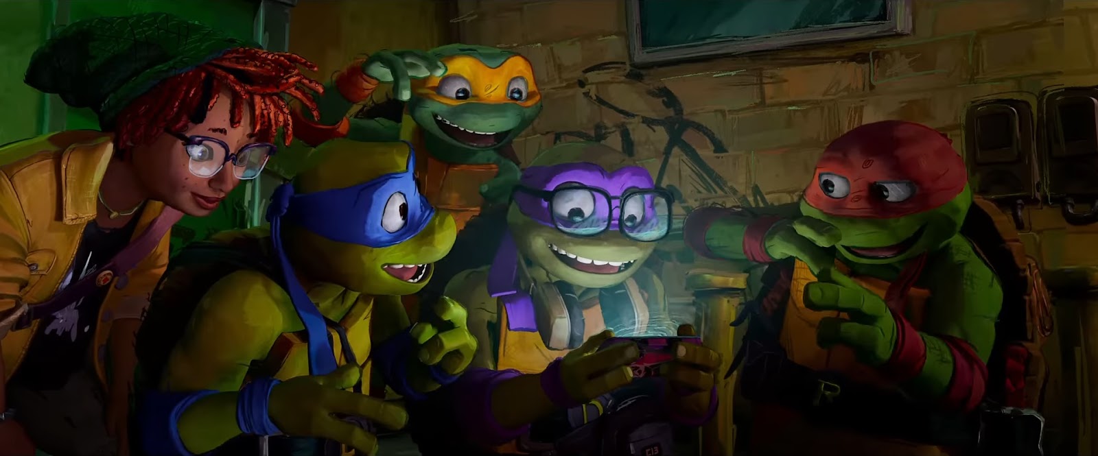 Teenage Mutant Ninja Turtles Mutant Mayhem 2023 animated film  Donatello, Michelangelo, Leonardo, Raphael with April O'Neil