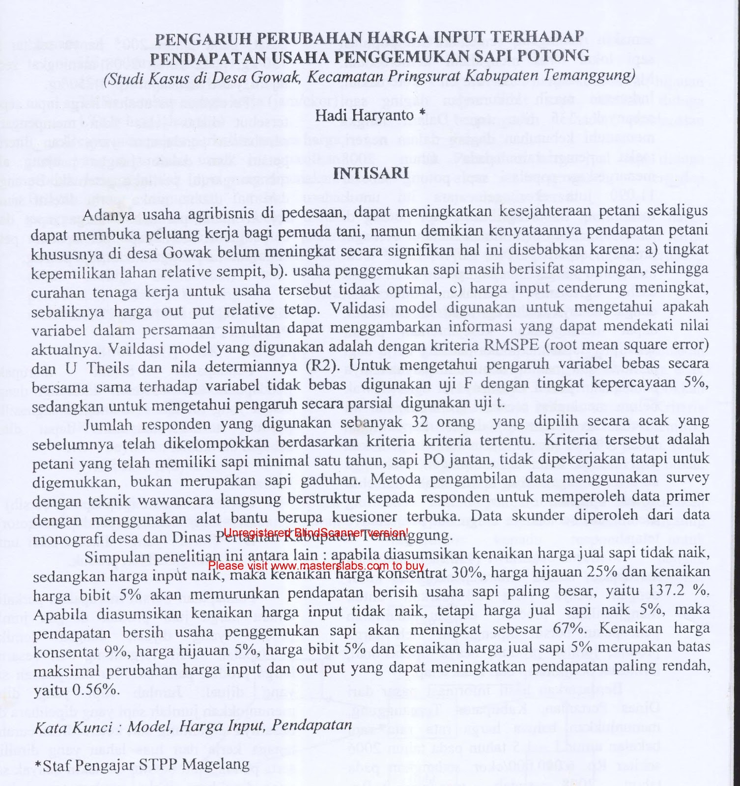 Pengaruh Pertumbuhan Harga Input terhadap Pendapatan Usaha Penggemukan Sapi Potong Studi Kasus di Desa Gowok Kecamatan Pringsurat Kabupaten Temanggung