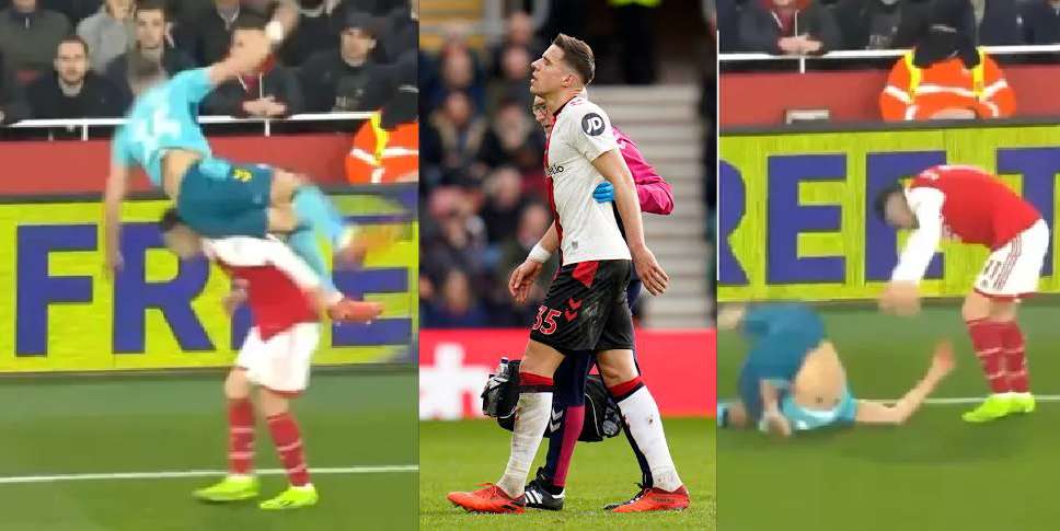 Southampton's Jan Bednarek forced off the pitch after a dangerous collision with Arsenal's Gabriel Martinelli