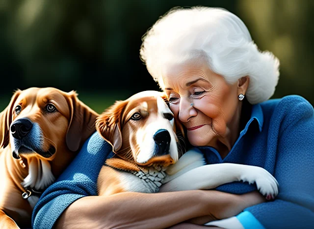 A senior couple smiling with their pet dog