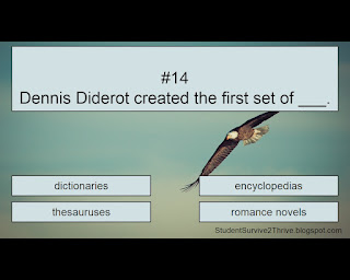 Dennis Diderot created the first set of ___. Answer choices include: dictionaries, encyclopedias, thesauruses, romance novels