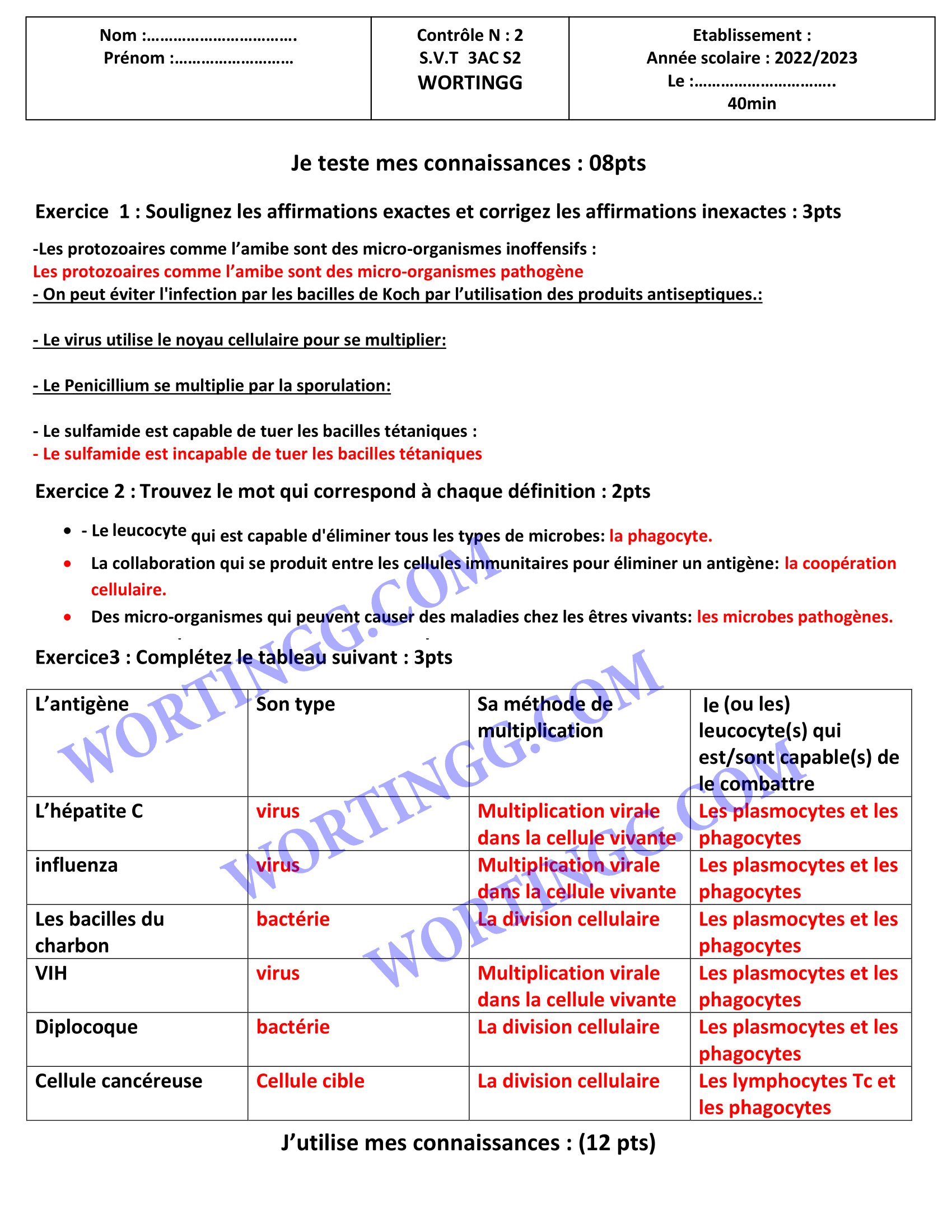 contrôle 2 svt 3ac semestre 2 avec correction