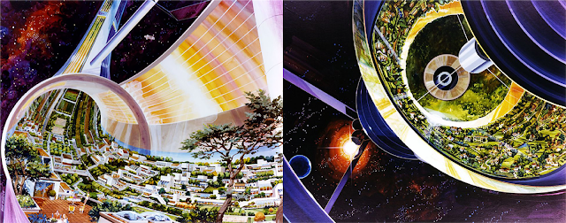 Cutaway views of a Stanford Torus and a Bernal Sphere from the mid-1970s.