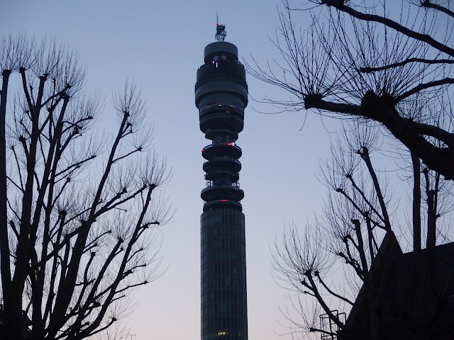 London plane tree limbs look like they're worshipping the nearby PO Tower as seen from a small square close to Heal's on Tottenham Court Rd