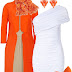 Orange coat, white dress, earrings, orange purse and orange high heels shoes: