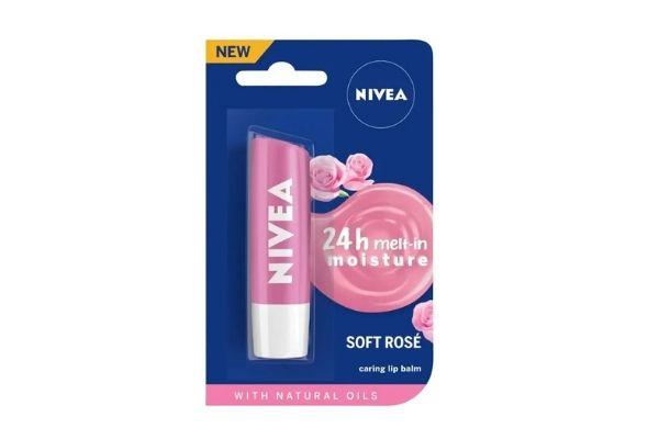 NIVEA Lip Balm, Soft Rose, for 24h Moisture with Natural Oils, Delicate Rose Shine