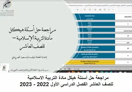 مراجعة حل أسئلة هيكل مادة التربية الاسلامية للصف العاشر الفصل الدراسى الأول 2022 - 2023