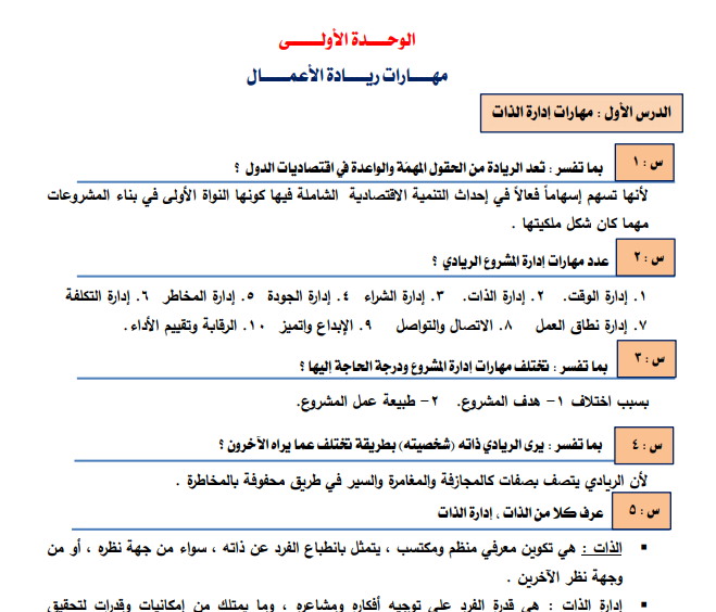 ملخص الوحدة الأولى (مهارات ادارة الذات)مشاريع صغيرة للصف الثاني عشر ريادي