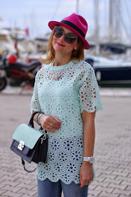 mint green crochet top, ecua-andino fuchsia hat, Fashion and Cookies, fashion blogger