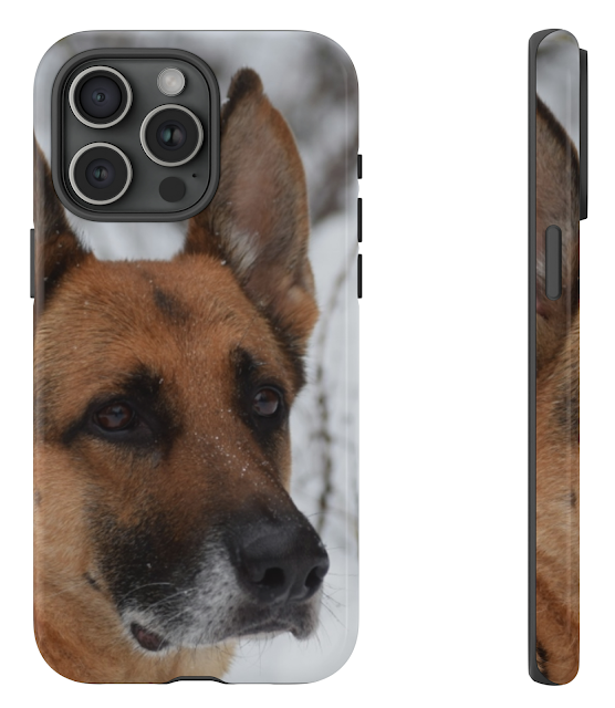 iPhone 15 Pro Max Tough Case With Huge Red and Black German Shepherd in the Snow