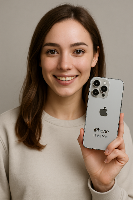 Smiling girl holding iPhone 17 Pro Max with colorful background
