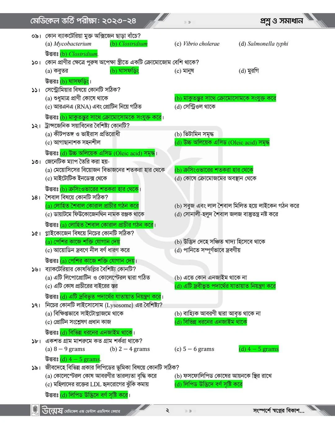 মেডিকেল ভর্তি পরীক্ষার প্রশ্ন ও সমাধান ২০২৪ উন্মেষ