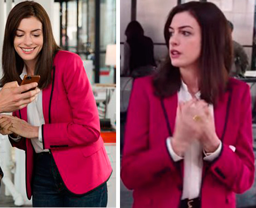 Anne Hathaway como Jules em Sr. Estagiário (The intern), figurino, looks, casaco, rosa