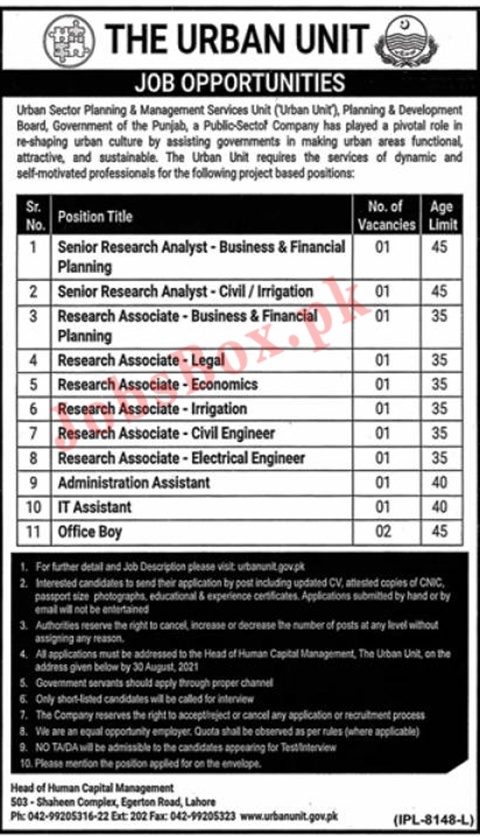 The Urban Unit Jobs 2021 Latest – Application Form www.urbanunit.gov.pk