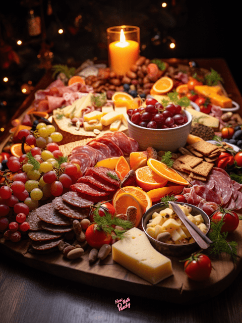 Chrismas theme grazing cheese meat platter charcuterie board ideas in 2023 holiday festive season