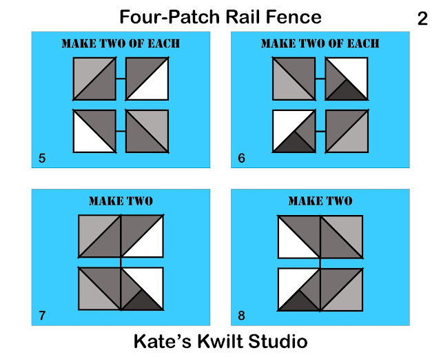 Triangles and connecting lines showing how to assemble the "Four-Patch Rail Fence" quilt block - page 2.