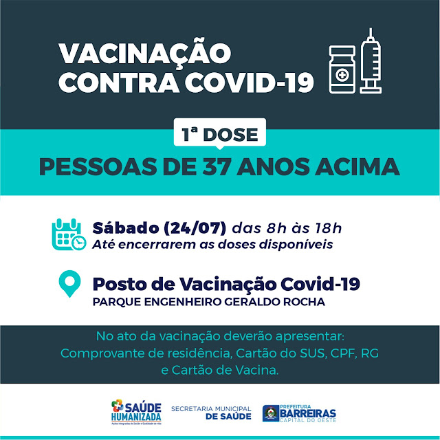 Barreiras recebe novas doses contra a Covid-19 e realiza vacinação neste sábado (24), em pessoas com 37 anos acima