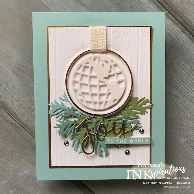 By Angie McKenzie for Ink and Inspiration Blog Hop; Click READ or VISIT to go to my blog for details! Featuring:  Peace & Joy Bundle, World Map Dies, Beautiful Boughs Dies, Pinewood Planks 3D Embossing Folder, Gold Hoop Embellishments; #peaceandjoybundle #worldmapdies #beautifulboughsdies #pinewoodplanksembossingfolder #farmhousechristmas #goldhoopembellishment #holidaycards #holiday2020 #bloghops #inkandinspirationbloghop #iibh #stampinup #cardtechniques #christmascards #joytotheworld #world #naturesinkspirations #handcrafted #diy #handmadecards #papercrafting  #offstamping