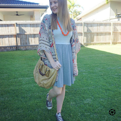 awayfromblue Instagram | orange printed kimono over grey skater dress with statement necklace converse and chloe ethel