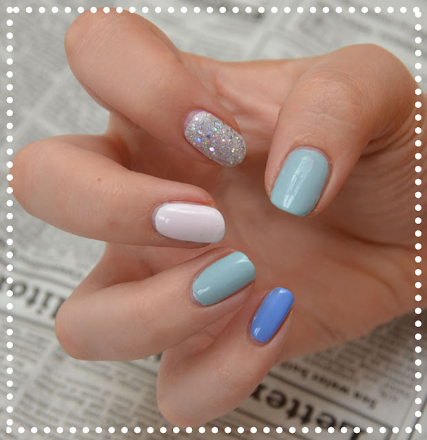 Blue White Pastel Mint Summer Nails Look Barry M Glitter Mix and Match