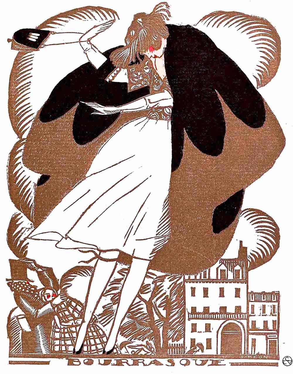 a 1920 Fernand Siméon fashion illustration of a woman in wind