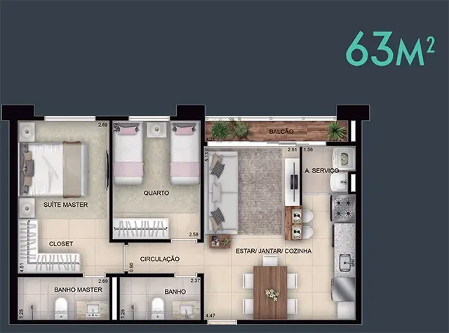 Planta apartamento Hit marista de 63m²