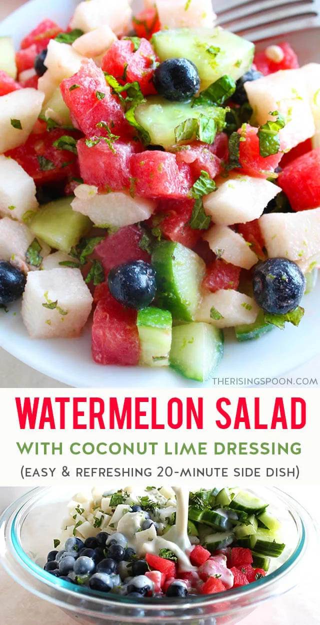 This easy summer salad is full of hydrating foods like watermelon, cucumber, jicama & blueberries + fresh mint and is topped with a simple (yet addicting) coconut lime dressing. Every bite is refreshing, crunchy, creamy, and slightly sweet + tangy! Prep it in 20 minutes & serve it as a quick side dish with your favorite meal. Bring it to a potluck, backyard cookout, holiday get-together, picnic, or camping trip and you'll be a big hit. {gluten-free, grain-free & vegan}