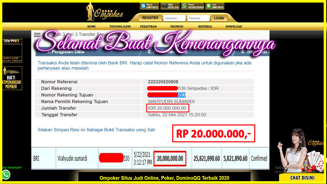 Selamat Kepada Member Setia Ompoker WD Rp 20.000.000,-