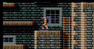 Shows warrior man with purple helmet on and purple shoes on and shows him walking around castle sort of area made from silver and light brown coloured bricks here and orange ladder here plus window here.png