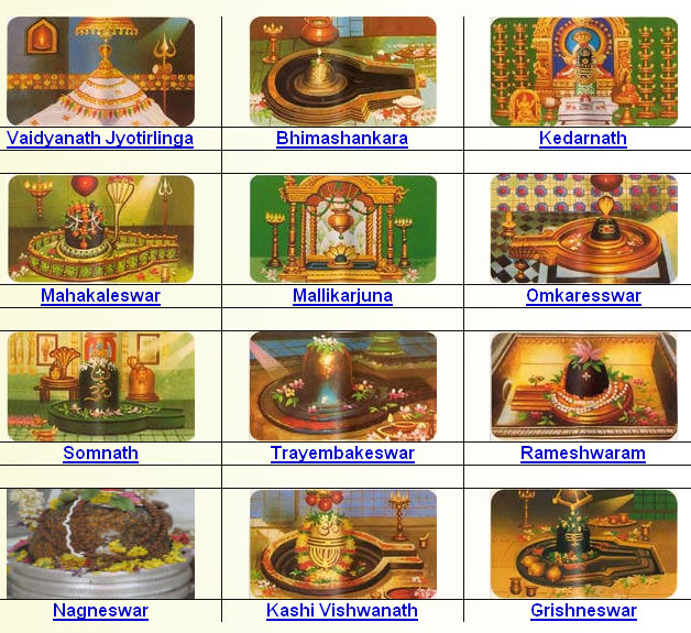 Somnath - Gujarat Mallikārjuna -Andhra Pradesh Mahakaleshwar  -Madhya Pradesh Omkareshwar- Madhya Pradesh Kedarnath –Uttarakhand Bhimashankar –Maharashtra Kashi Vishwanath- Uttar Pradesh Trimbakeshwar-Maharashtra Vaidyanath-Jharkhand Nageshvara – Gujarat Rameshwar-Tamil Nadu Grishneshwar-Maharashtra