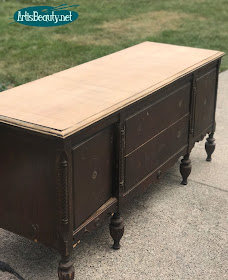 AFTER SANDING SANDING THE TOP OF THE RESCUED VINTAGE SIDEBOARD BEFORE STAINING TOP