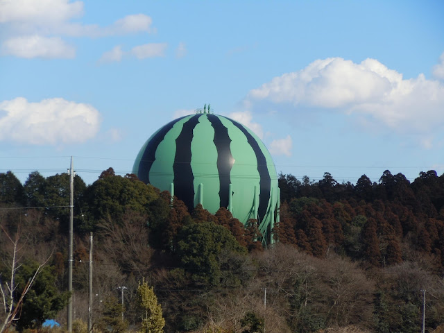 Japanese Gas tank in Tomisato, Chiba prefecture painted to look like a watermelon