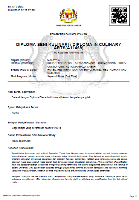 Diploma Seni Kulinari Diploma In Culinary Arts A11469 Cosmopoint College Sabah Permohonan On Line