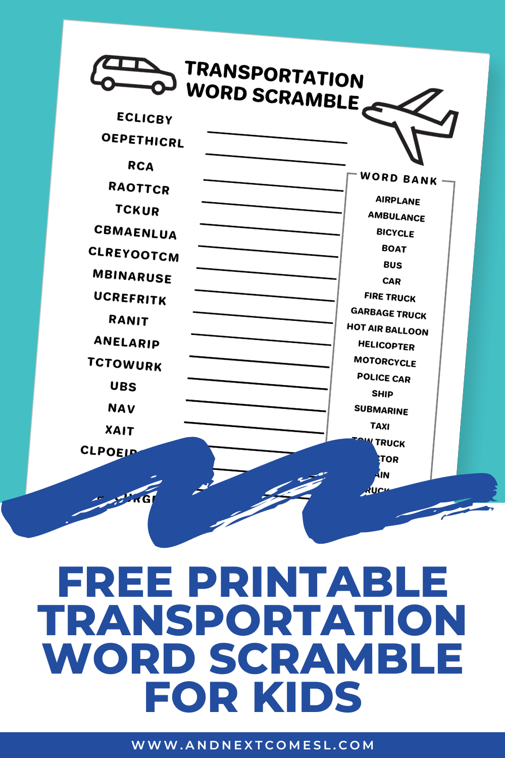 Free printable transportation word scramble game for kids with answers