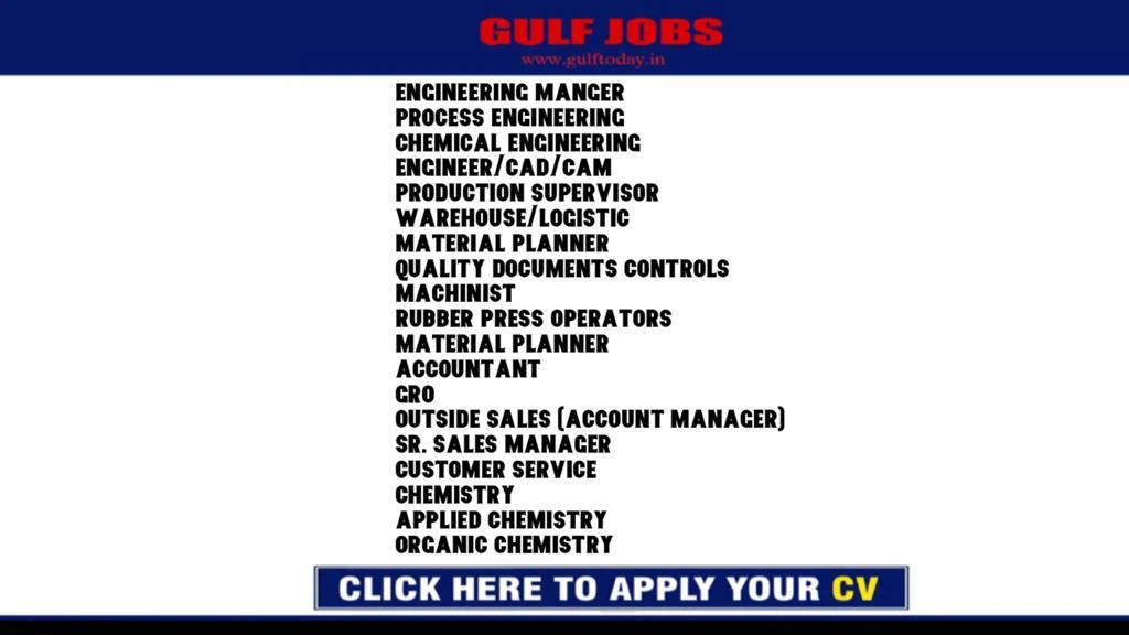 Engineering Manger-Process Engineering-Chemical Engineering-Engineer/CAD/CAM-Production Supervisor-Warehouse/Logistic-Material Planner-Quality documents controls-Machinist-Rubber Press Operators-Material Planner-Accountant-GRO-Outside Sales (Account Manager)-Sr. Sales Manager-Customer Service-Chemistry-Applied Chemistry-Organic Chemistry