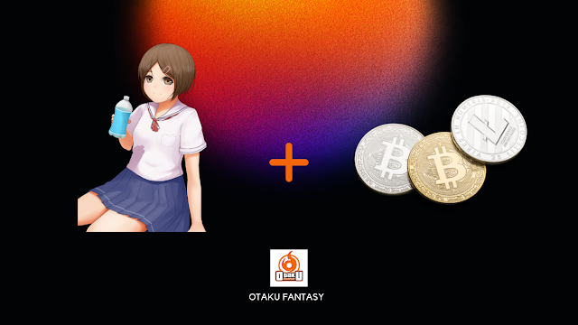 Anime girl and crypto coins with dark orange background and otaku fantasy logo