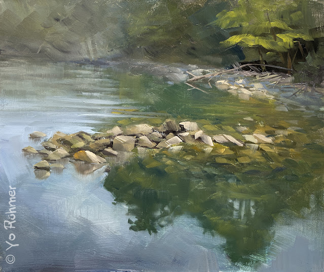 Rhein Felsen im Wasser gemalt Pleinairmalerei