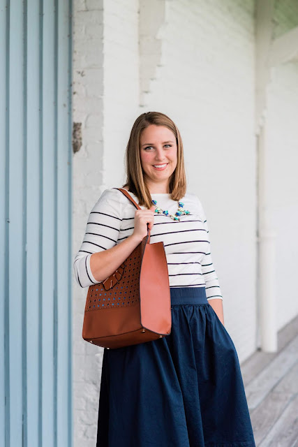 Navy Midi Skirt Outfit // Pugs and Pearls Blog