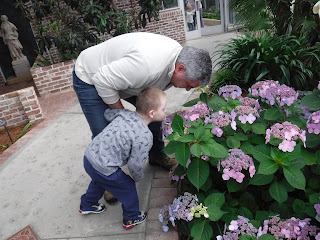 A grandfather and his young grandson lean over a bush to smell purple flowers at Lauritzen Gardens