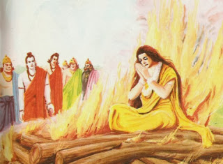 Sita proving her innocence by fire-ordeal as Rama, Lakshmana, Hanuman, Sugriva and Jambavan look on. By rescuing her from the flames, Agni publicly vindicated Sita’s honour and they all returned to Ayodhya. Mughal painting, seventeenth century.