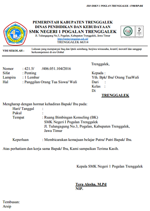 Surat Panggilan Orang Tua Bimbingan Konseling (Word)