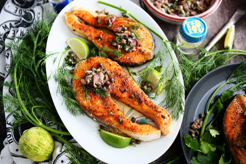 Salmon Steaks with Caper and Anchovy Salsa