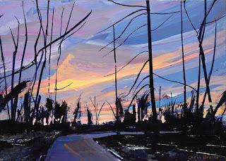 An acrylic painting of trees on a walking trail at dusk